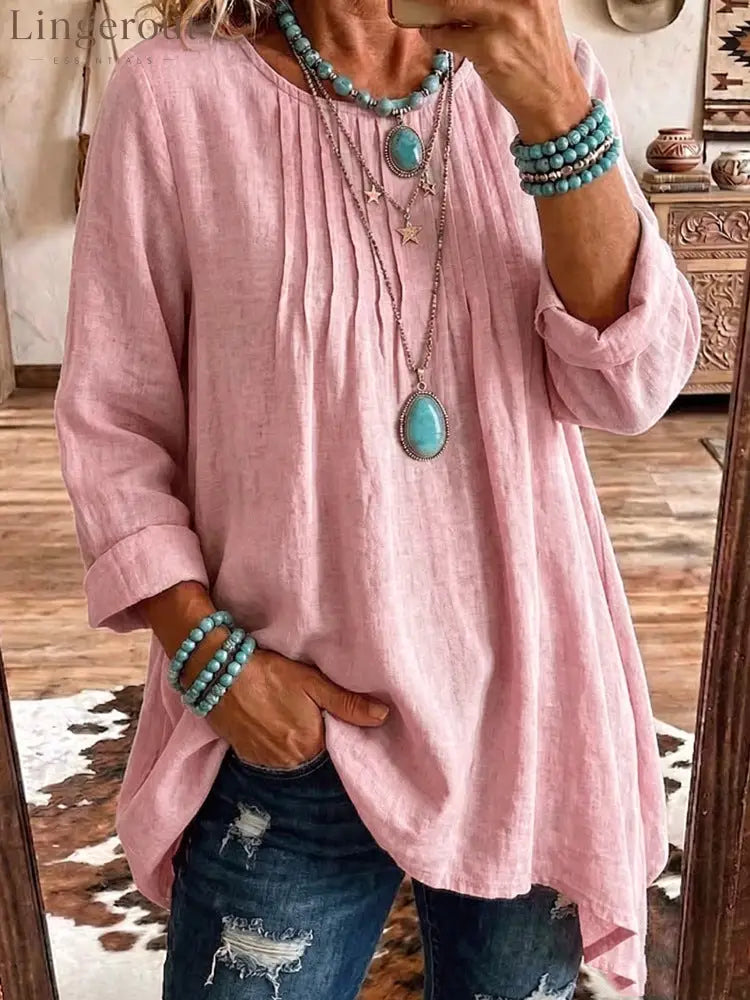 Women’s Solid Linen Round Neck Pleated 3/4 Sleeve Loose Tunic Blouse - Pink / S
