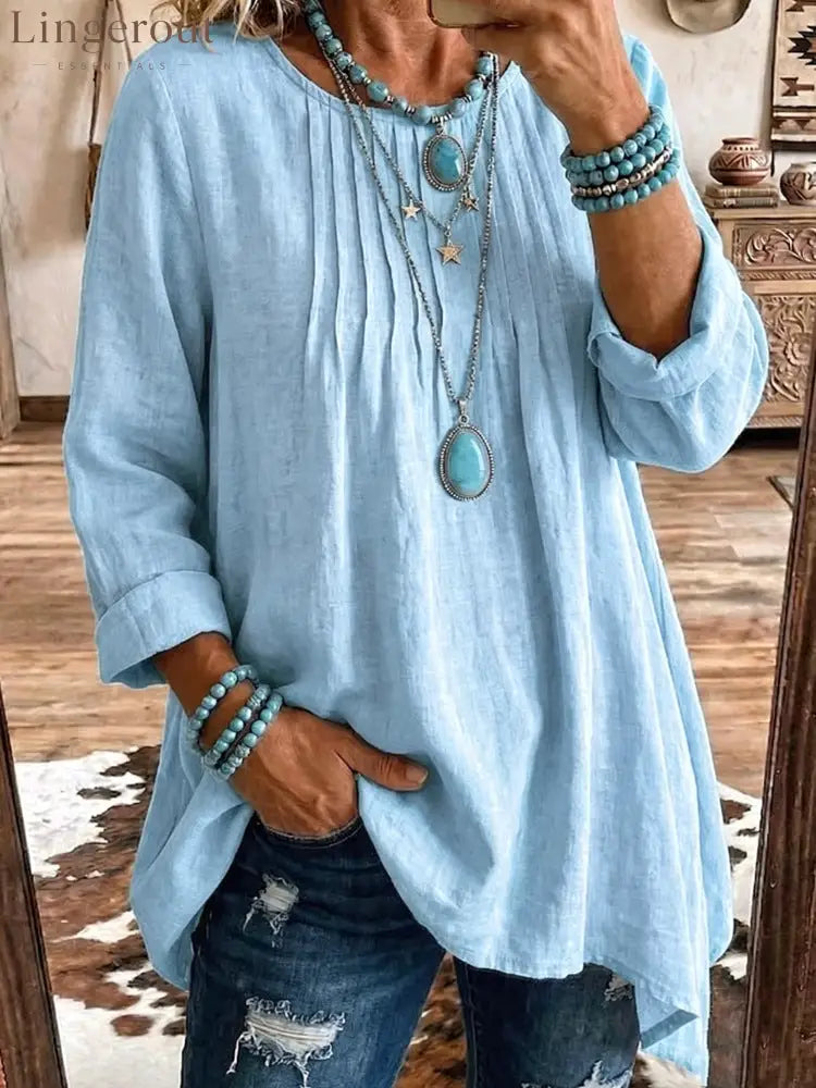 Women’s Solid Linen Round Neck Pleated 3/4 Sleeve Loose Tunic Blouse - Sky blue / S