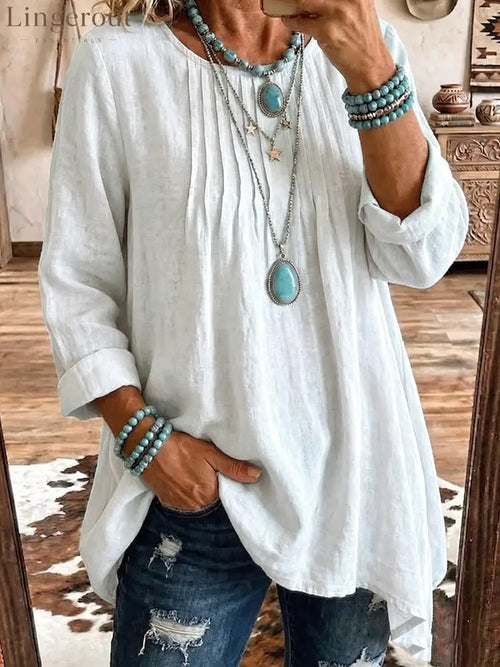 Women’s Solid Linen Round Neck Pleated 3/4 Sleeve Loose Tunic Blouse - White / S