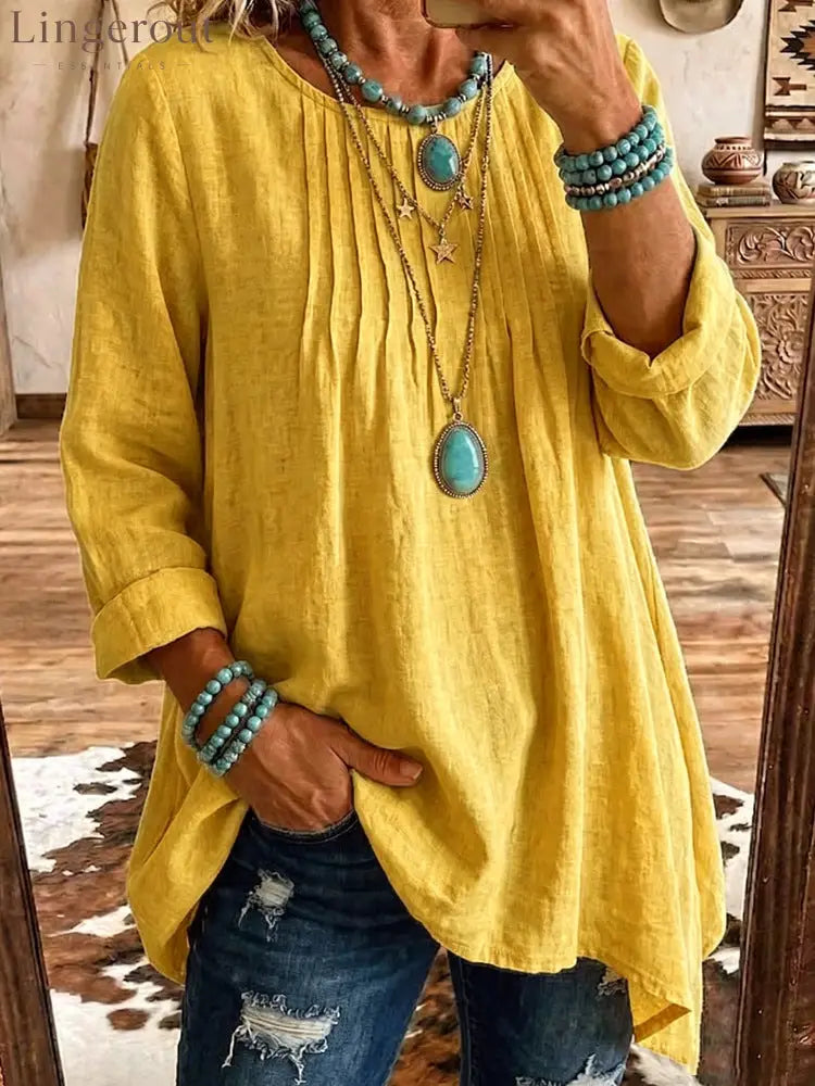 Women’s Solid Linen Round Neck Pleated 3/4 Sleeve Loose Tunic Blouse - Yellow / S
