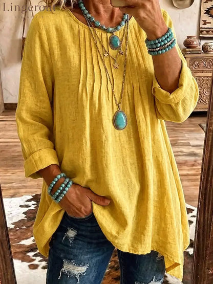 Women’s Solid Linen Round Neck Pleated 3/4 Sleeve Loose Tunic Blouse - Yellow / S