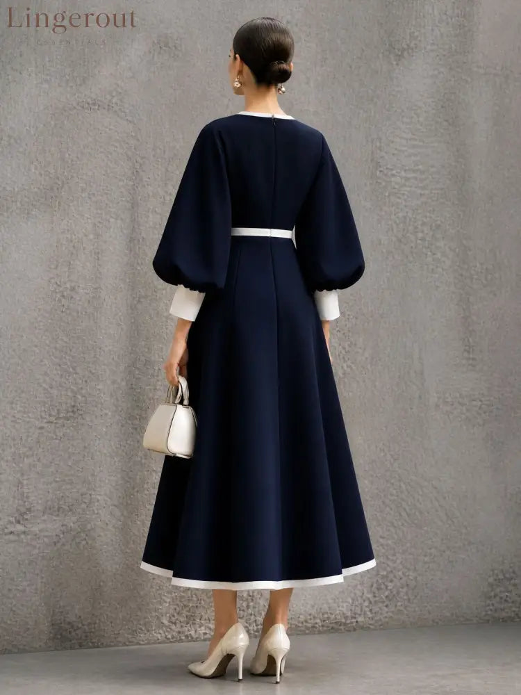Women’s Solid Navy Contrast‑Trim Balloon‑Sleeve Belted Maxi Dress