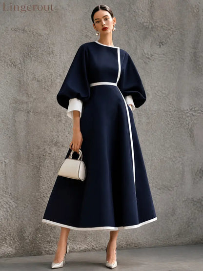 Women’s Solid Navy Contrast‑Trim Balloon‑Sleeve Belted Maxi Dress