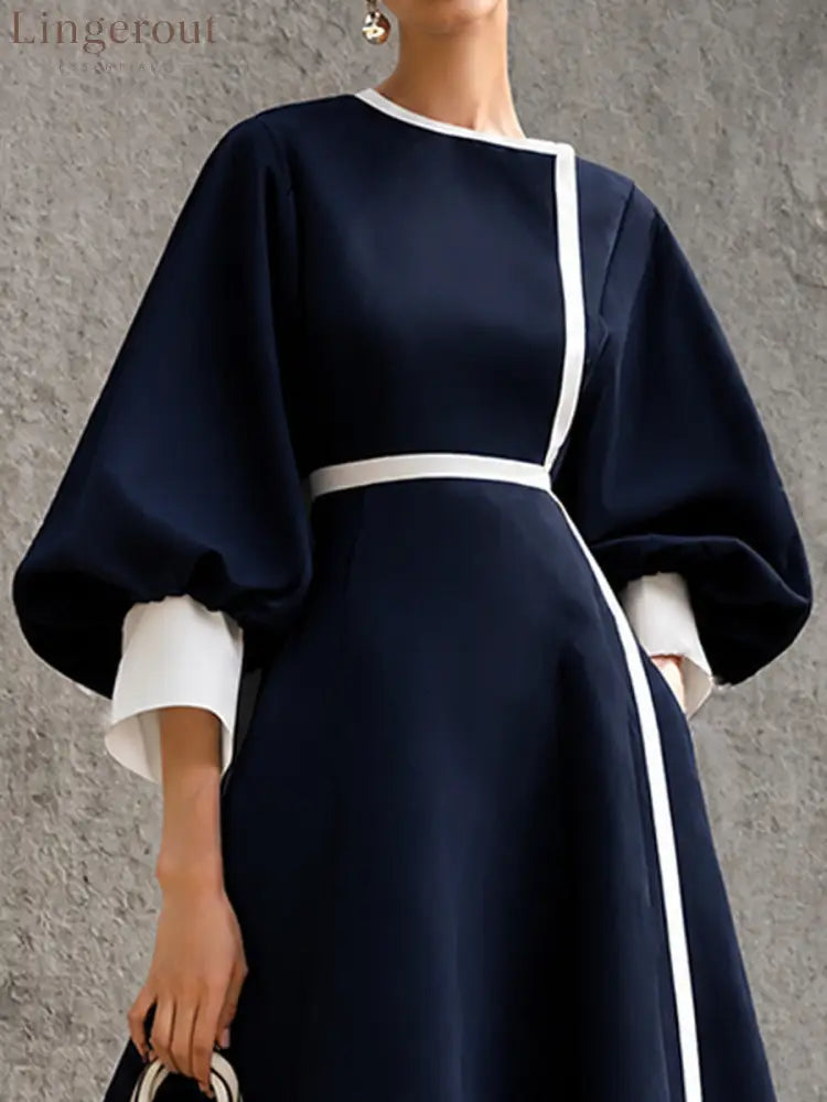 Women’s Solid Navy Contrast‑Trim Balloon‑Sleeve Belted Maxi Dress