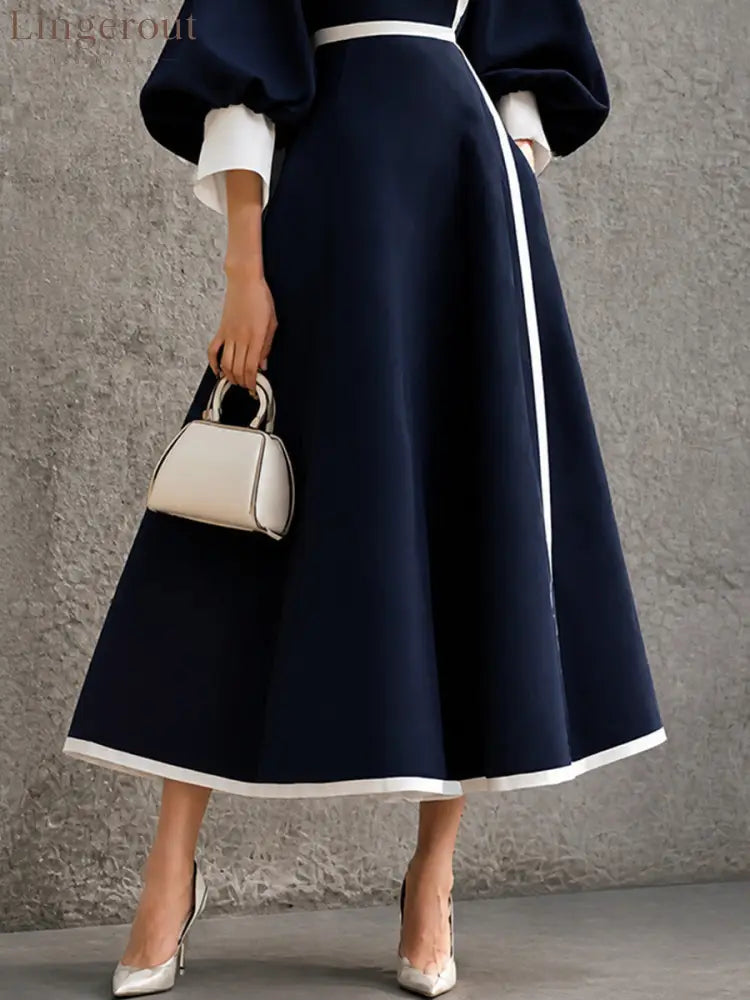 Women’s Solid Navy Contrast‑Trim Balloon‑Sleeve Belted Maxi Dress