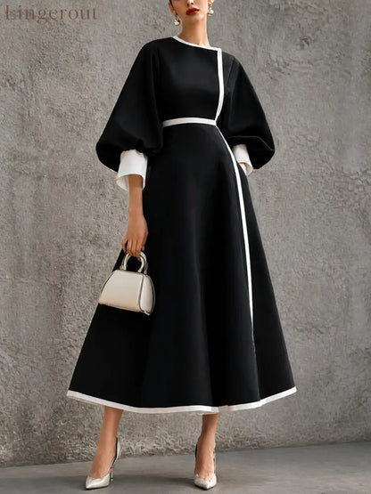 Women’s Solid Navy Contrast‑Trim Balloon‑Sleeve Belted Maxi Dress - Black / S