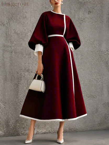 Women’s Solid Navy Contrast‑Trim Balloon‑Sleeve Belted Maxi Dress - Burgundy / S