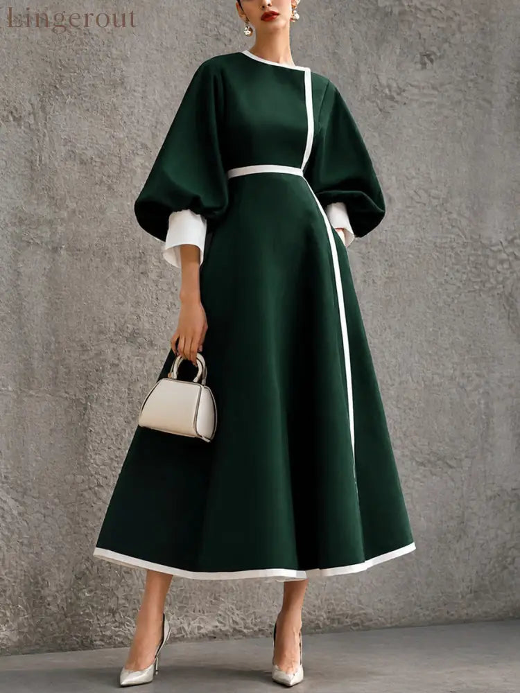 Women’s Solid Navy Contrast‑Trim Balloon‑Sleeve Belted Maxi Dress - Green / S