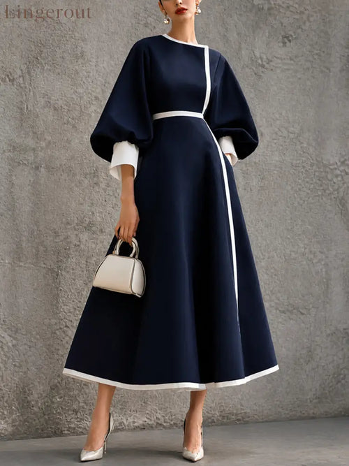Women’s Solid Navy Contrast‑Trim Balloon‑Sleeve Belted Maxi Dress - Navy / S