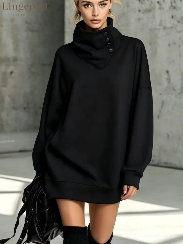 Women’s Solid Pink Button-Detail Cowl Neck Long Sweatshirt Tunic Dress