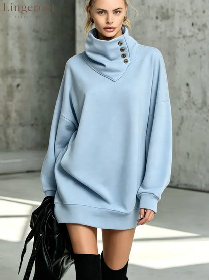 Women’s Solid Pink Button-Detail Cowl Neck Long Sweatshirt Tunic Dress