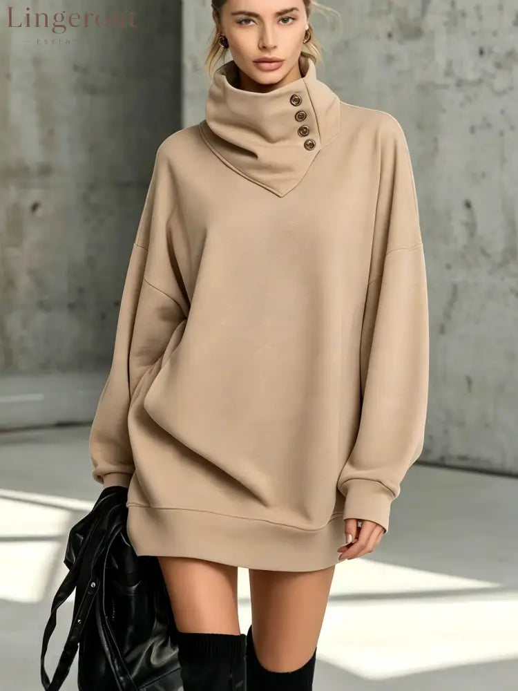Women’s Solid Pink Button-Detail Cowl Neck Long Sweatshirt Tunic Dress