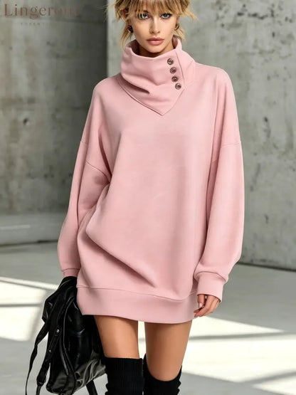 Women’s Solid Pink Button-Detail Cowl Neck Long Sweatshirt Tunic Dress