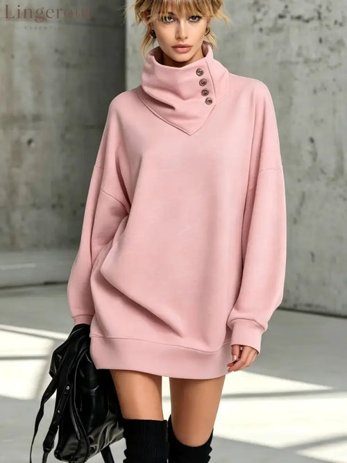 Women’s Solid Pink Button-Detail Cowl Neck Long Sweatshirt Tunic Dress