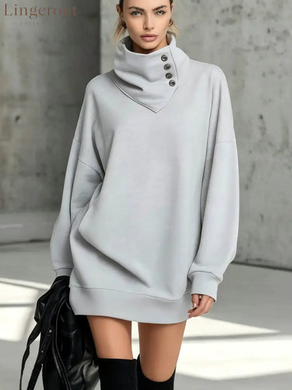 Women’s Solid Pink Button-Detail Cowl Neck Long Sweatshirt Tunic Dress