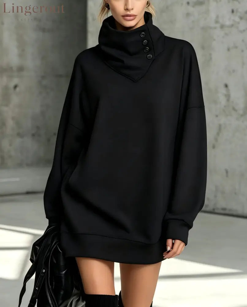 Women’s Solid Pink Button-Detail Cowl Neck Long Sweatshirt Tunic Dress - Black / S