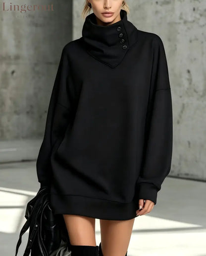 Women’s Solid Pink Button-Detail Cowl Neck Long Sweatshirt Tunic Dress - Black / S