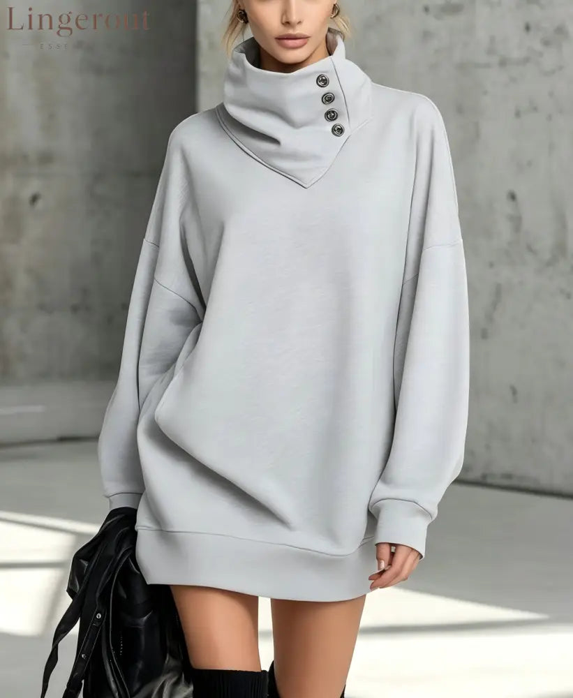 Women’s Solid Pink Button-Detail Cowl Neck Long Sweatshirt Tunic Dress - Grey / S