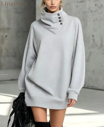 Women’s Solid Pink Button-Detail Cowl Neck Long Sweatshirt Tunic Dress - Grey / S