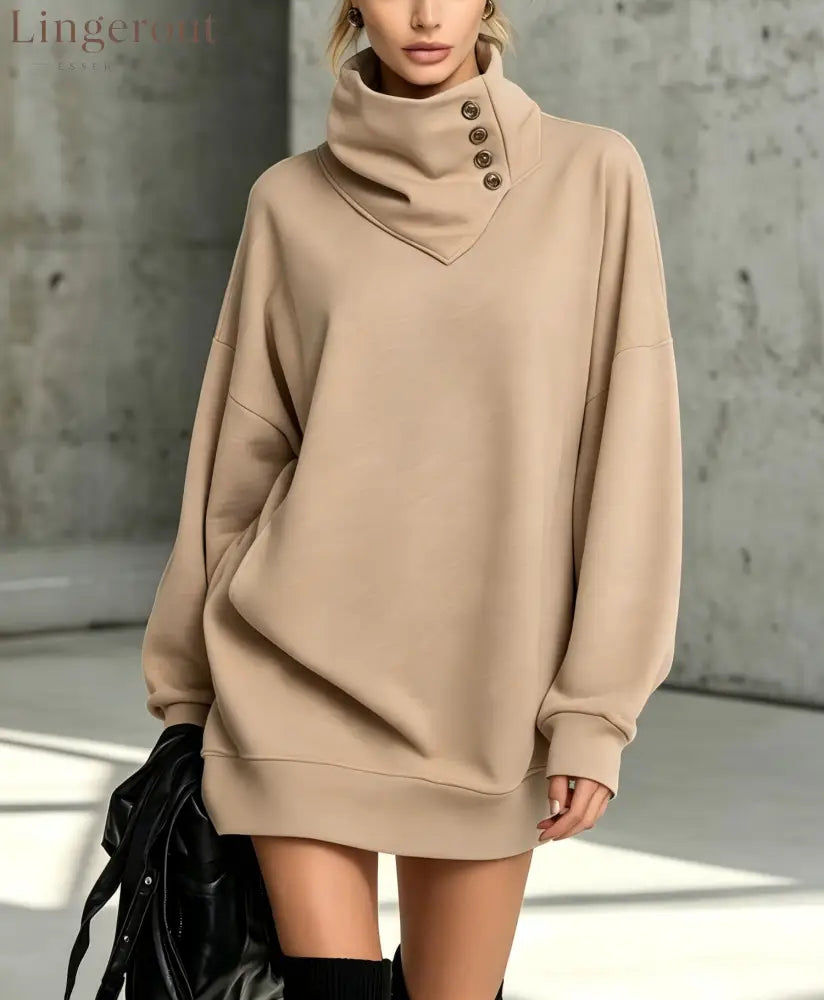 Women’s Solid Pink Button-Detail Cowl Neck Long Sweatshirt Tunic Dress - Khaki / S