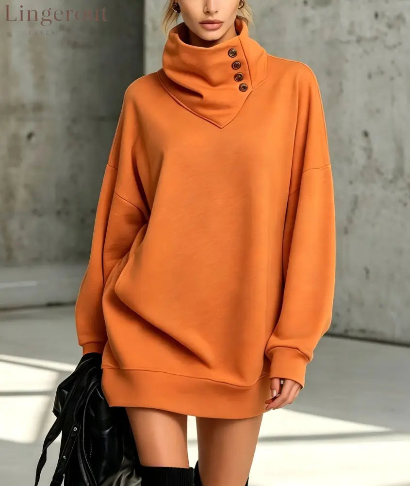 Women’s Solid Pink Button-Detail Cowl Neck Long Sweatshirt Tunic Dress - Orange / S