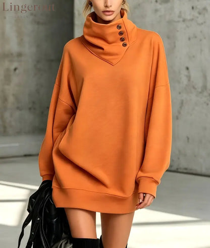 Women’s Solid Pink Button-Detail Cowl Neck Long Sweatshirt Tunic Dress - Orange / S