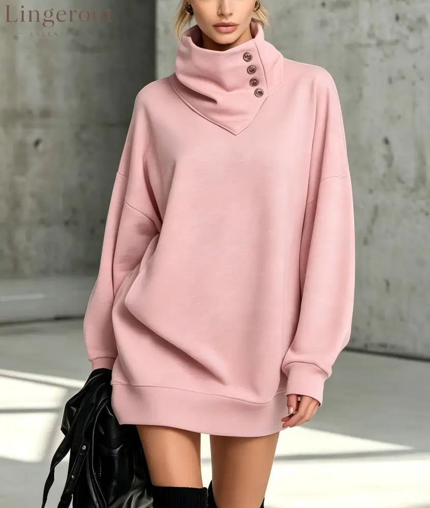 Women’s Solid Pink Button-Detail Cowl Neck Long Sweatshirt Tunic Dress - Pink / S