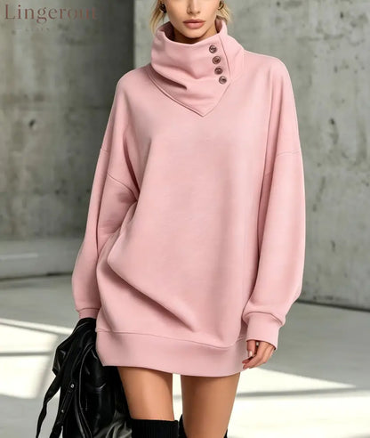 Women’s Solid Pink Button-Detail Cowl Neck Long Sweatshirt Tunic Dress - Pink / S
