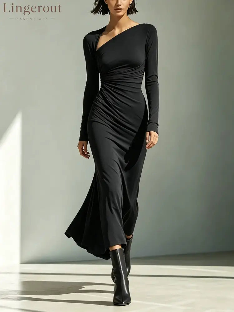 Women’s Solid Rust-Red Asymmetric Ruched Long-Sleeve Maxi Dress - Black / S - DRESSES