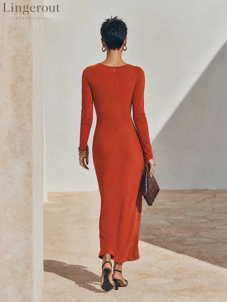Women’s Solid Rust-Red Asymmetric Ruched Long-Sleeve Maxi Dress - DRESSES