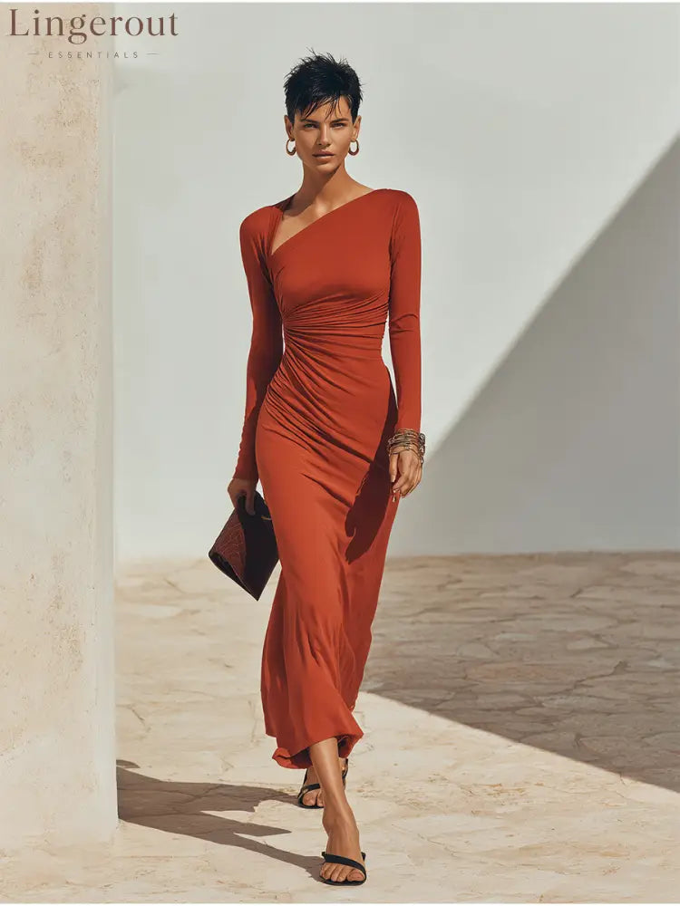 Women’s Solid Rust-Red Asymmetric Ruched Long-Sleeve Maxi Dress - DRESSES