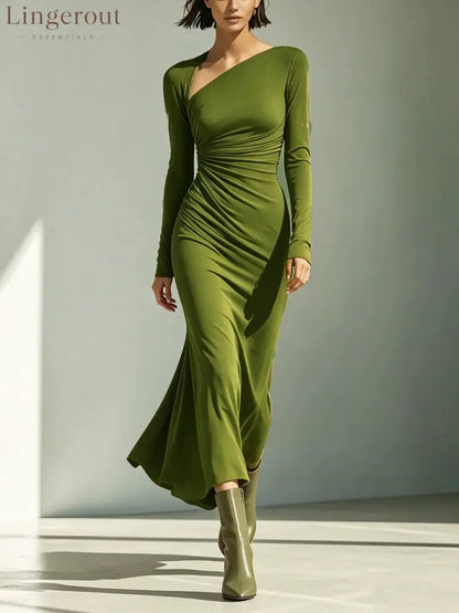 Women’s Solid Rust-Red Asymmetric Ruched Long-Sleeve Maxi Dress - Green / S - DRESSES