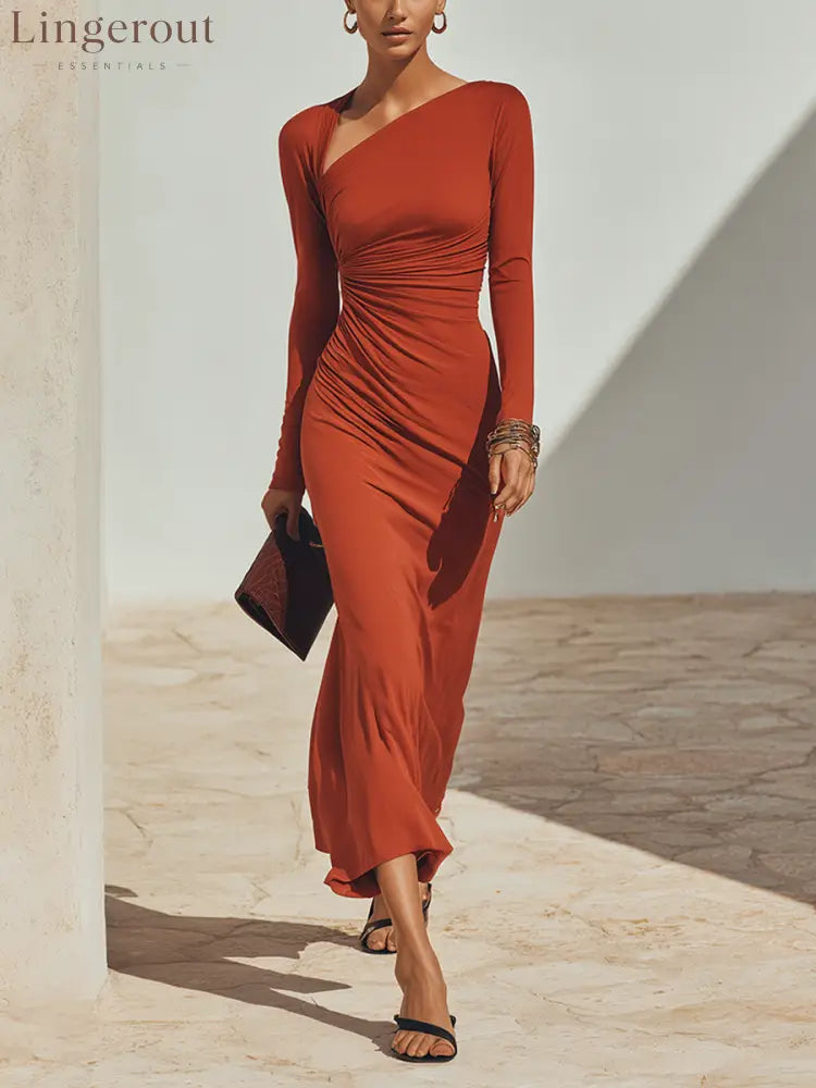 Women’s Solid Rust-Red Asymmetric Ruched Long-Sleeve Maxi Dress - Red / S - DRESSES