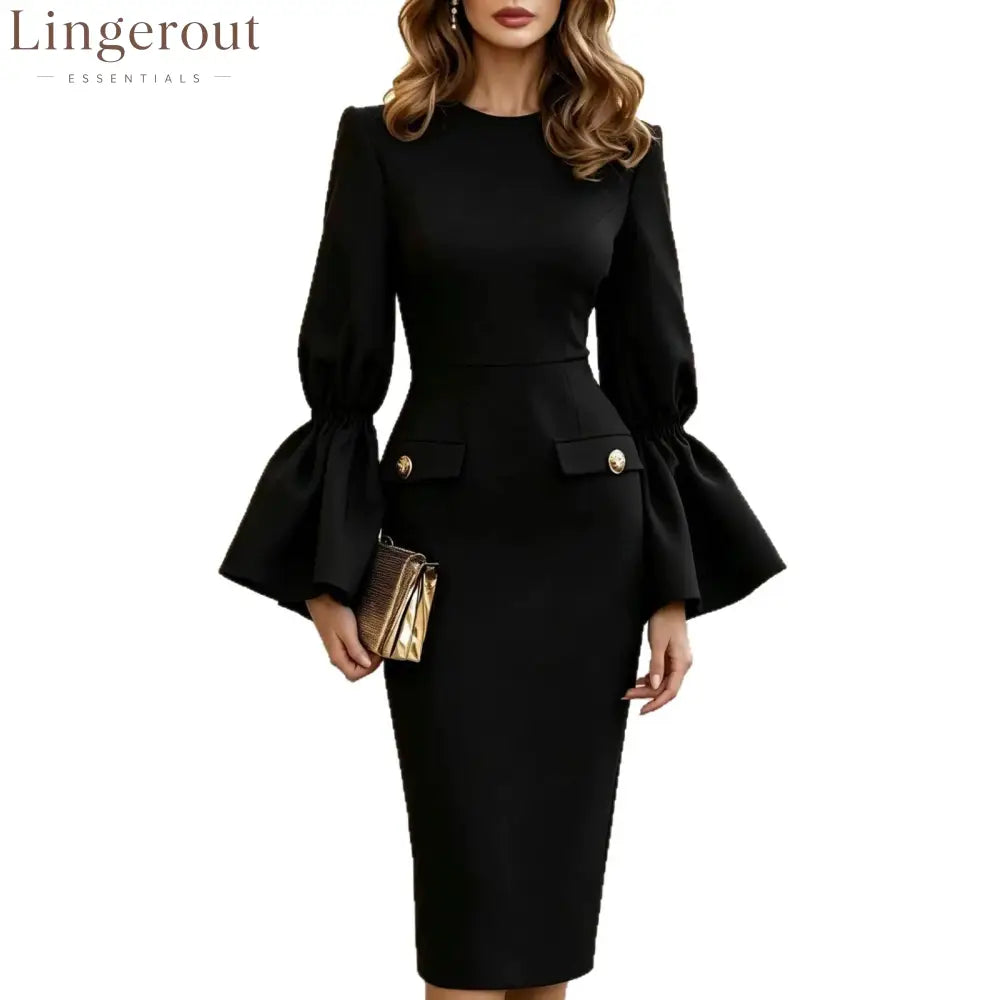 Women’s Solid White Bell‑Sleeve Gold‑Button Pocket Pencil Midi Dress