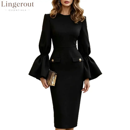 Women’s Solid White Bell‑Sleeve Gold‑Button Pocket Pencil Midi Dress