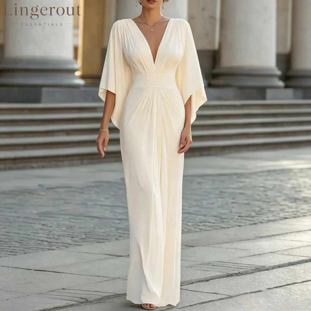 Women’s Solid White V‑Neck Cape‑Sleeve Pleated Waist Maxi Evening Dress - Apricot / S