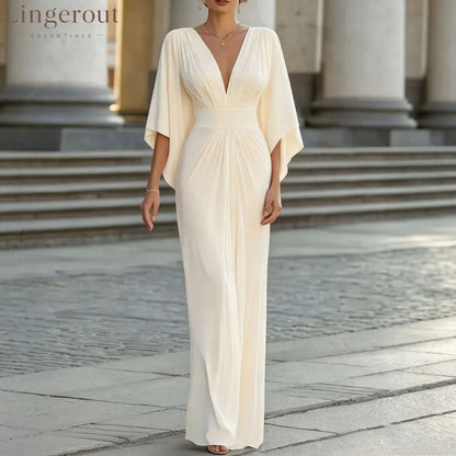 Women’s Solid White V‑Neck Cape‑Sleeve Pleated Waist Maxi Evening Dress - Apricot / S