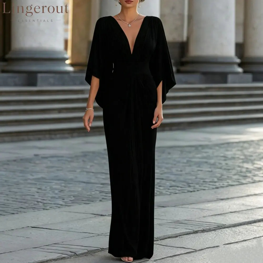 Women’s Solid White V‑Neck Cape‑Sleeve Pleated Waist Maxi Evening Dress - Black / S