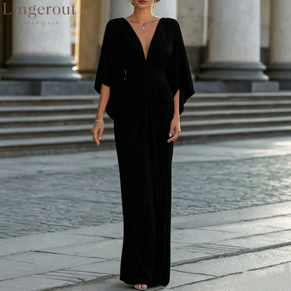 Women’s Solid White V‑Neck Cape‑Sleeve Pleated Waist Maxi Evening Dress - Black / S