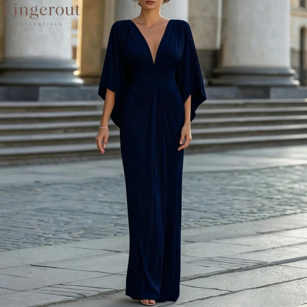 Women’s Solid White V‑Neck Cape‑Sleeve Pleated Waist Maxi Evening Dress - Navy blue / S