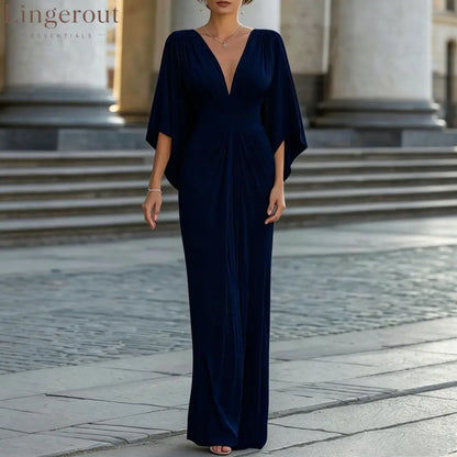 Women’s Solid White V‑Neck Cape‑Sleeve Pleated Waist Maxi Evening Dress - Navy blue / S