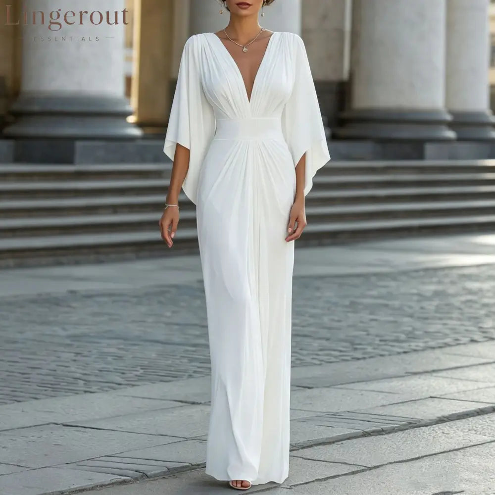 Women’s Solid White V‑Neck Cape‑Sleeve Pleated Waist Maxi Evening Dress - White / S