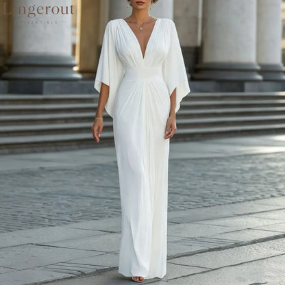 Women’s Solid White V‑Neck Cape‑Sleeve Pleated Waist Maxi Evening Dress - White / S