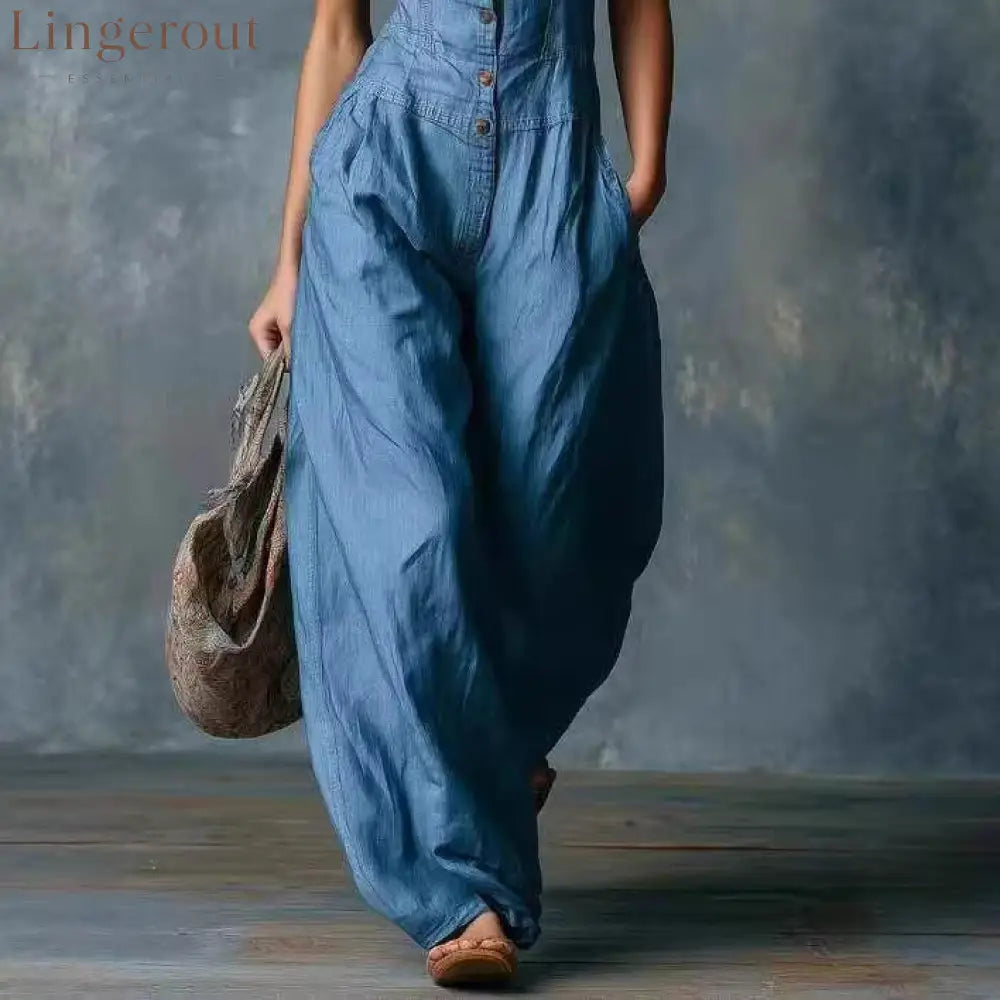 Women’S Spring Thin Loose Sleeveless Ethnic Tribal Denim Jumpsuit