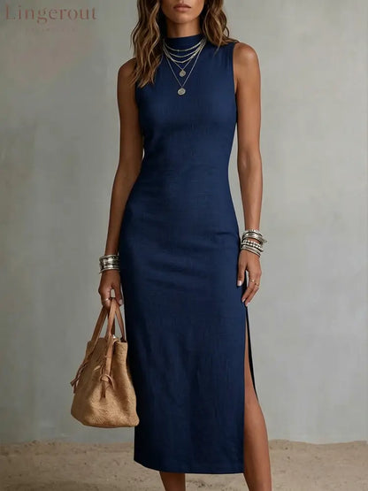 Women’s Stand-collar Cotton-linen Vest Dress - Blue / S - Dresses