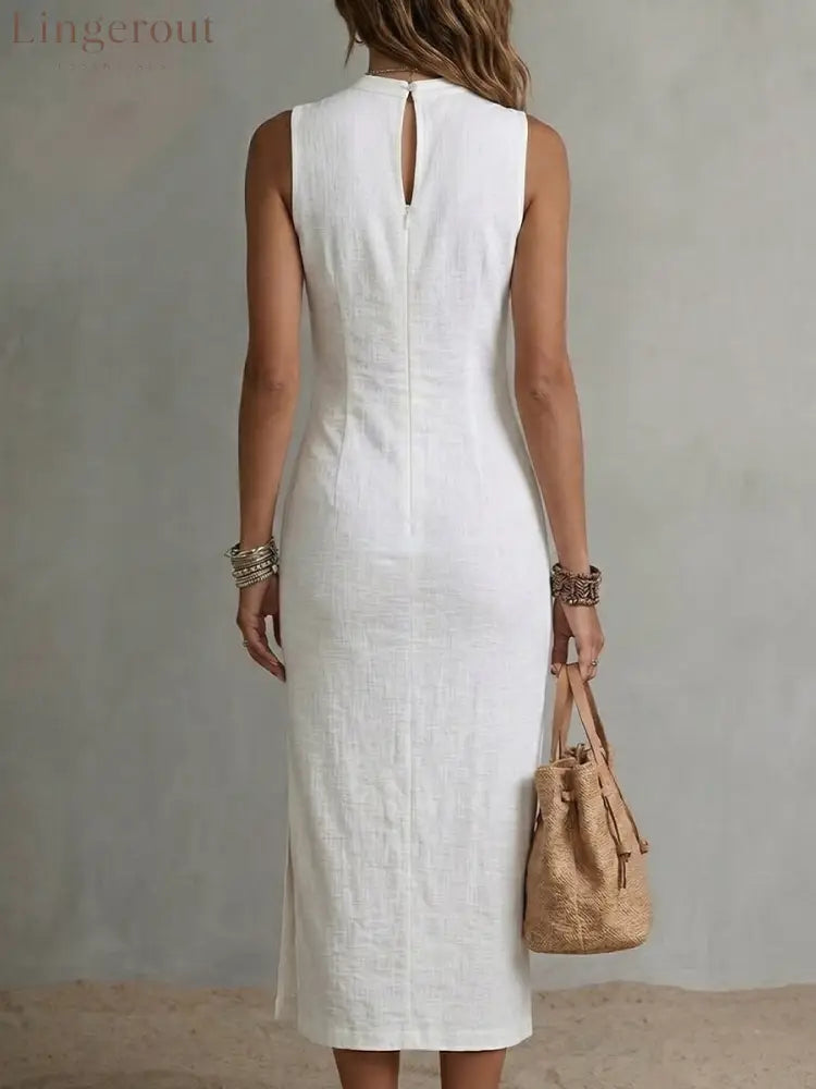 Women’s Stand-collar Cotton-linen Vest Dress - Dresses