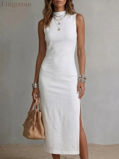 Women’s Stand-collar Cotton-linen Vest Dress - White / S - Dresses