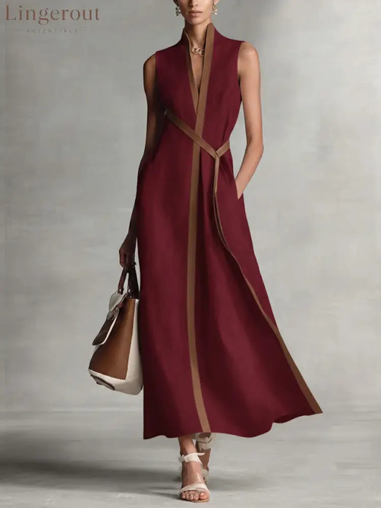 Women’s Stand-up Collar Sleeveless Casual Loose Cotton And Linen Dress - Burgundy / S