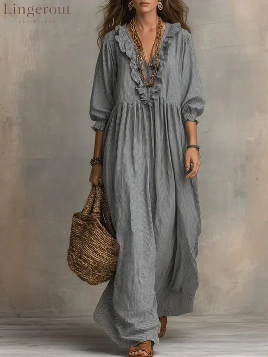 Women’s Striped Art Print Casual Stylish Ruffled Vacation Maxi Dress - Grey / S