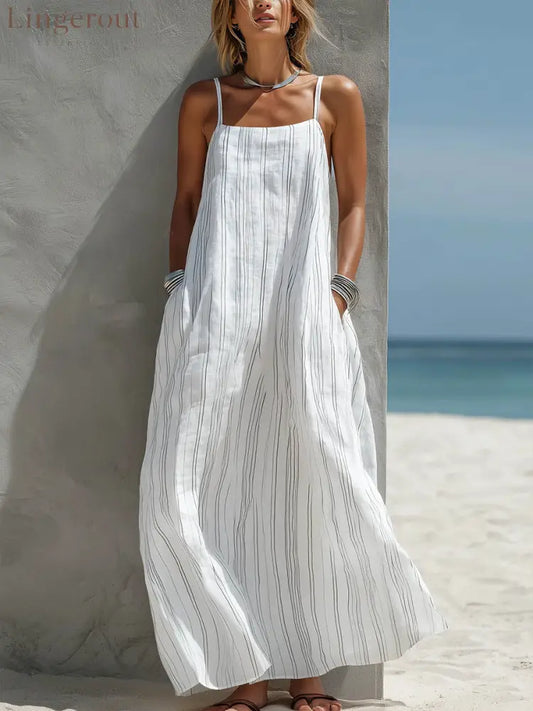 Women’s Striped Print Casual Loose-fit Cotton-linen Sundress - White / S
